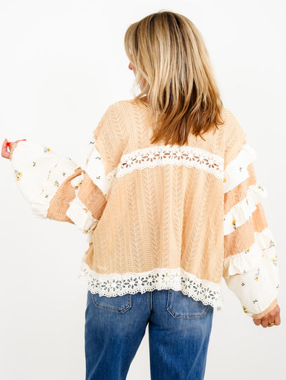 POL Textured Long Sleeve Top with Floral Ruffle Detail