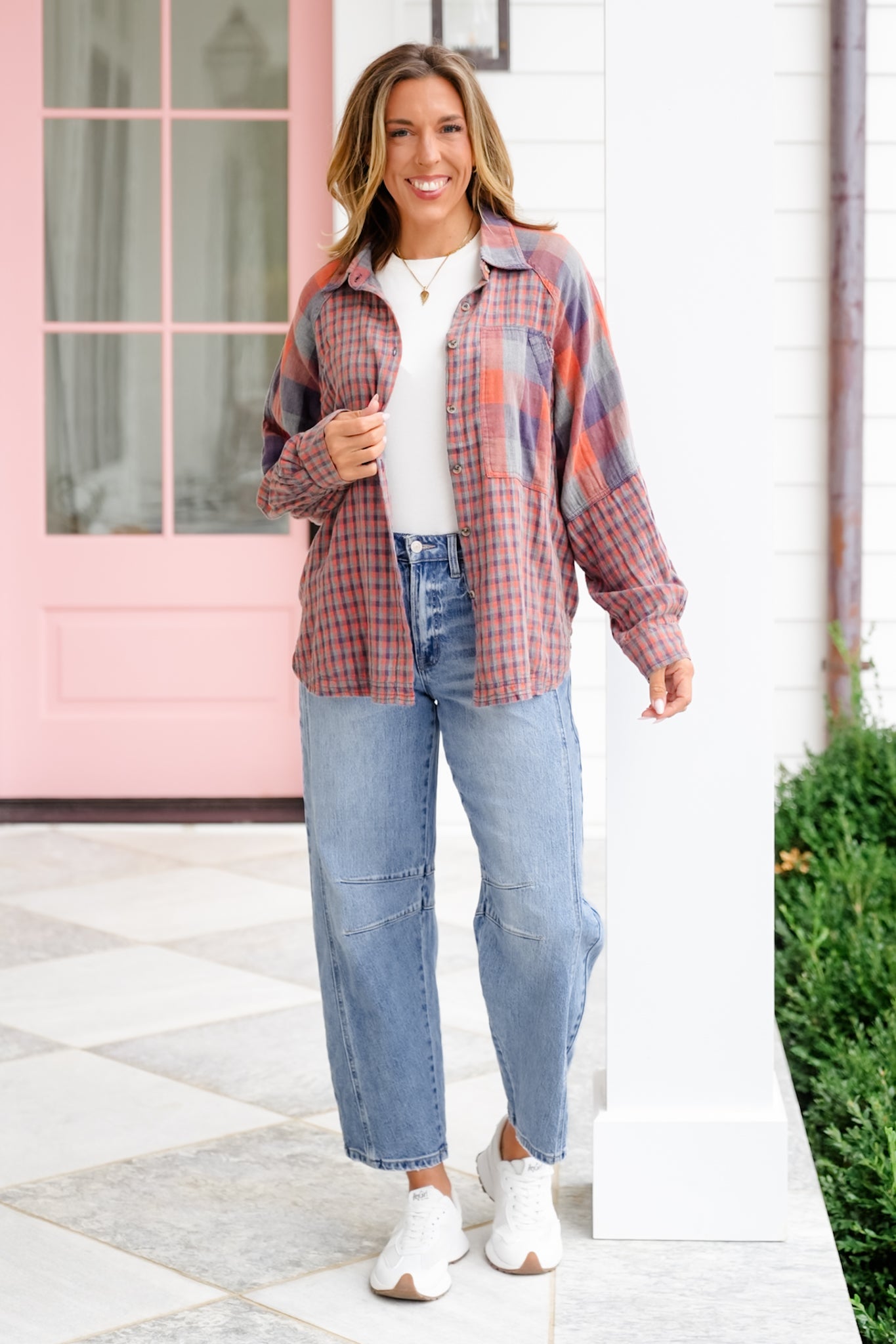 Mixed Plaid Long Sleeve Button Down Top