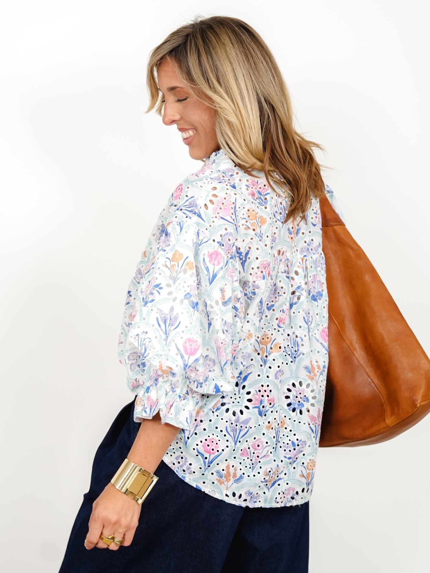 Floral Print Eyelet Short Sleeve Button Down Top