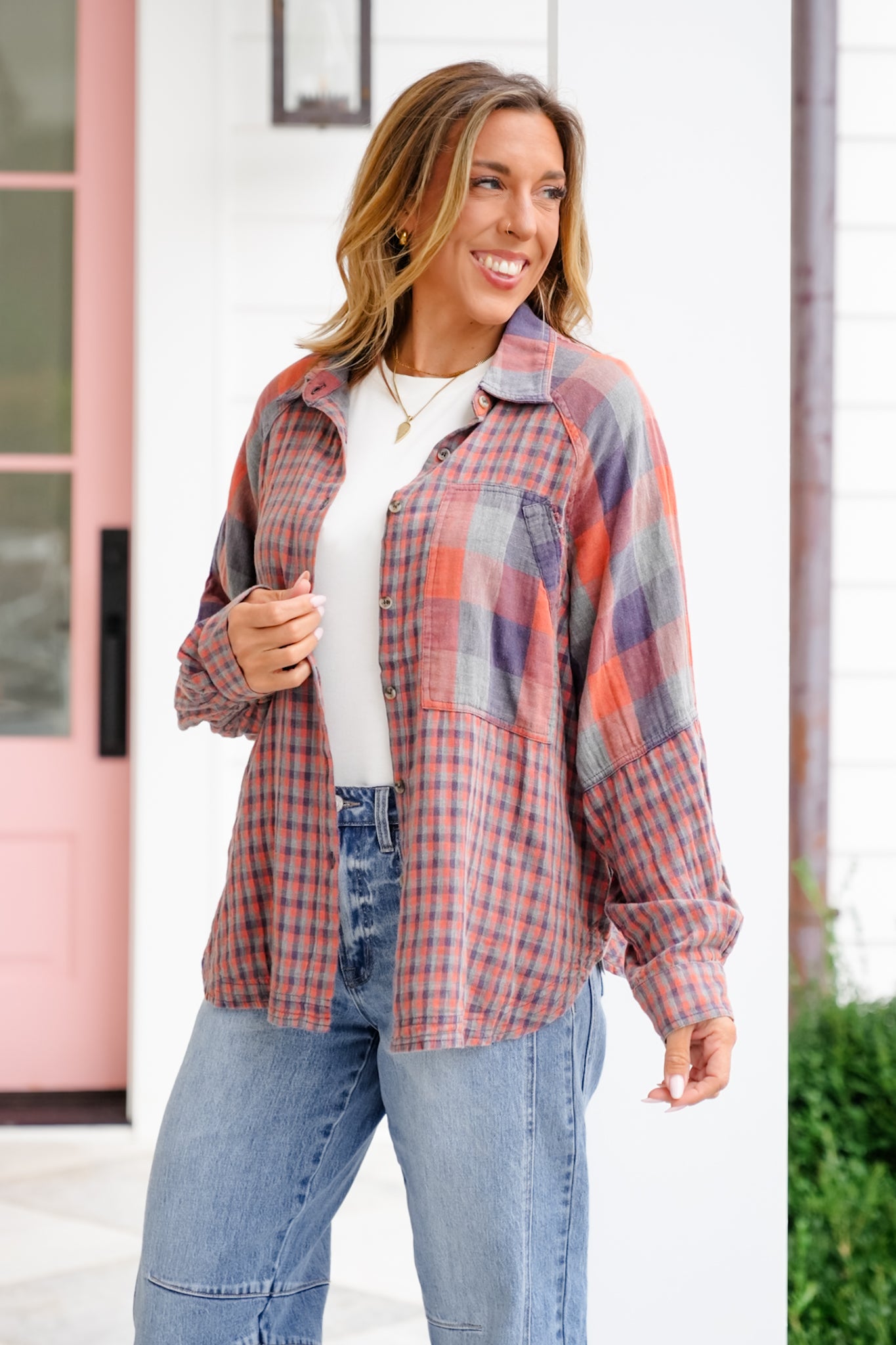 Mixed Plaid Long Sleeve Button Down Top
