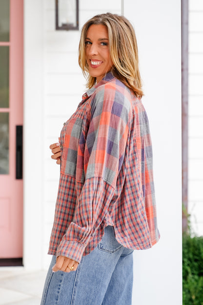 Mixed Plaid Long Sleeve Button Down Top