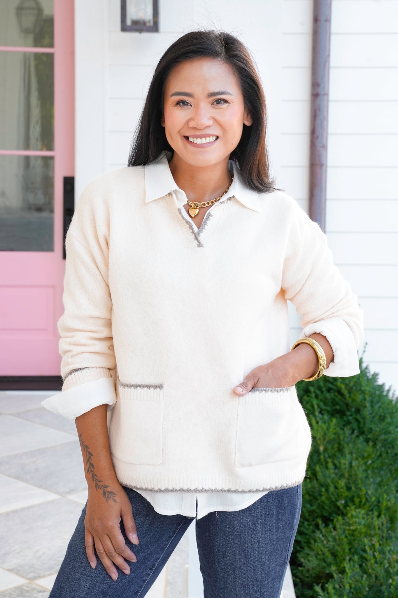 Long Sleeve Pullover Sweater with Stitching