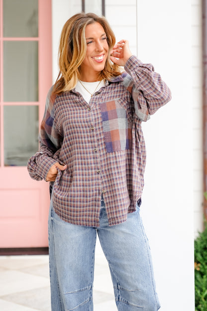 Mixed Plaid Long Sleeve Button Down Top