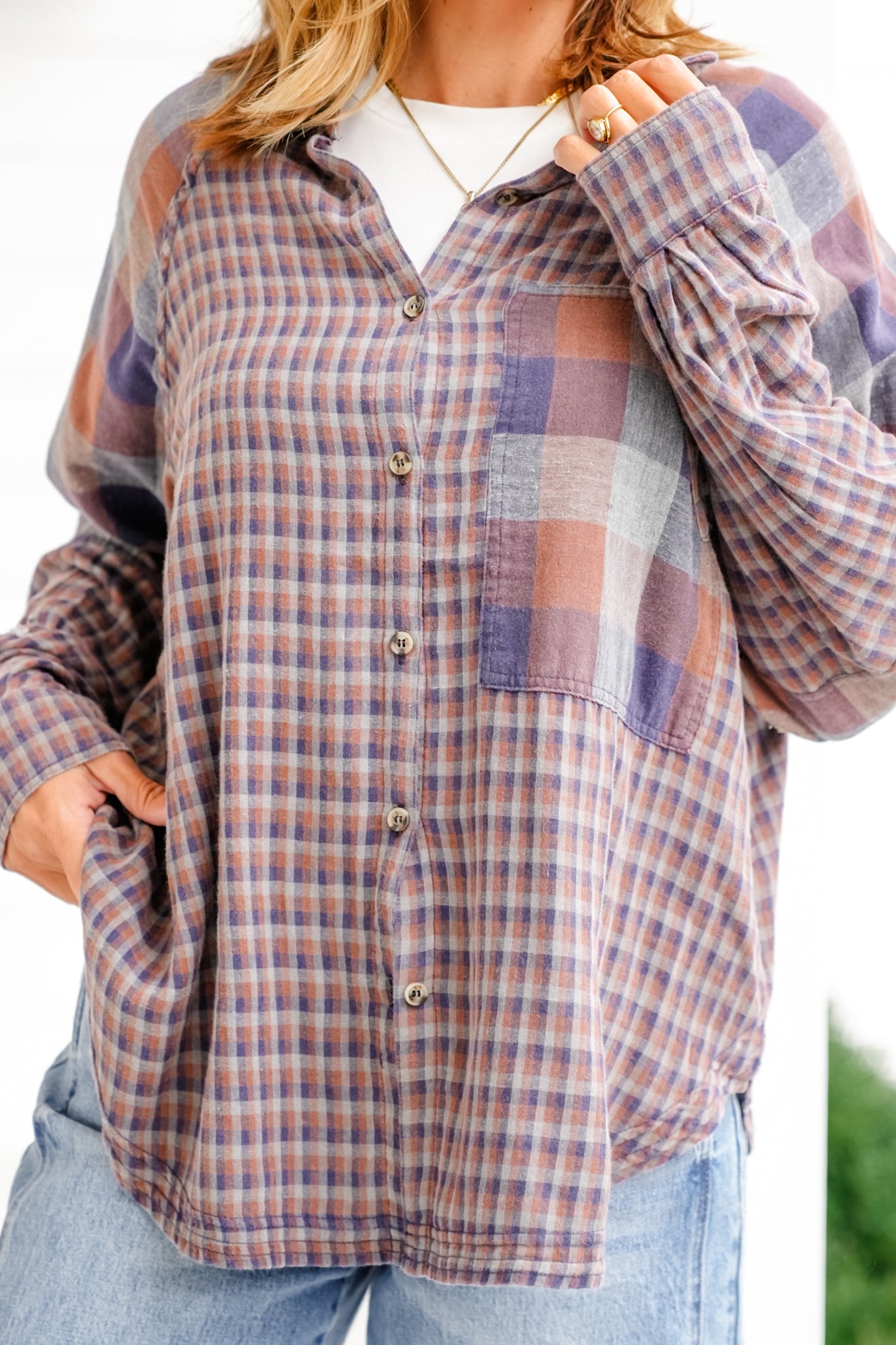 Mixed Plaid Long Sleeve Button Down Top