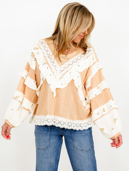 POL Textured Long Sleeve Top with Floral Ruffle Detail