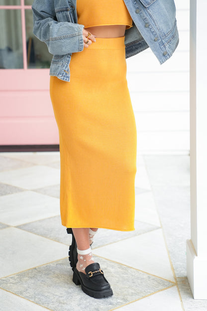 Orange Ribbed Knit Midi Skirt