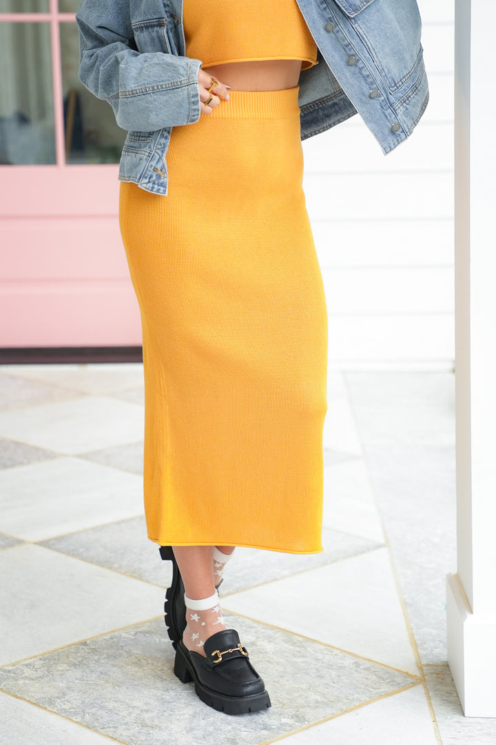 Orange Ribbed Knit Midi Skirt