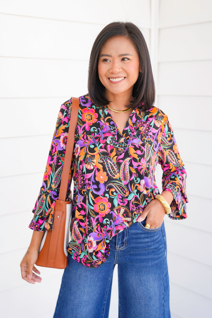 Plus/Reg Black Floral Print Long Bell Sleeve Tunic Top