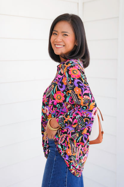 Plus/Reg Black Floral Print Long Bell Sleeve Tunic Top
