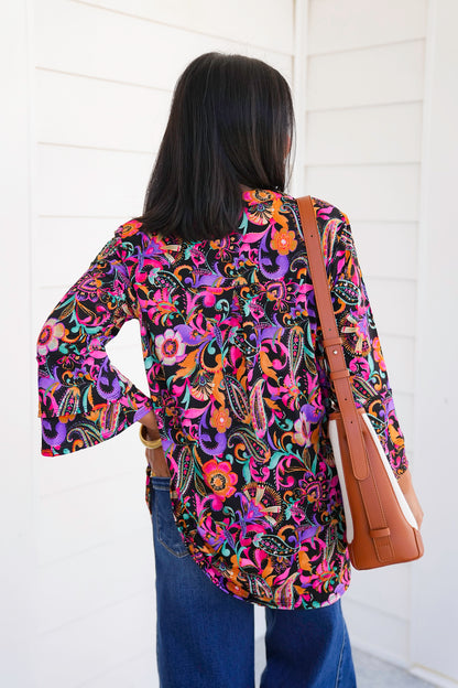 Plus/Reg Black Floral Print Long Bell Sleeve Tunic Top