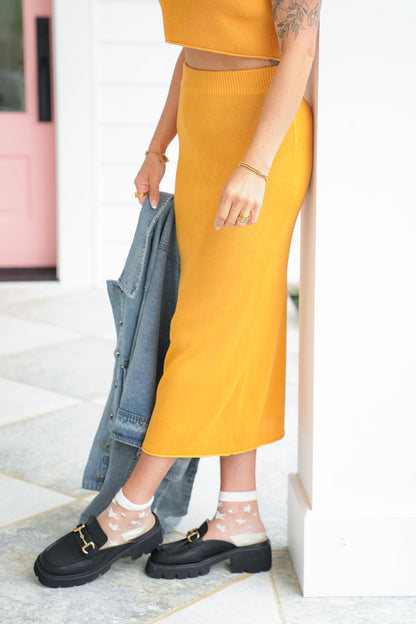 Orange Ribbed Knit Midi Skirt