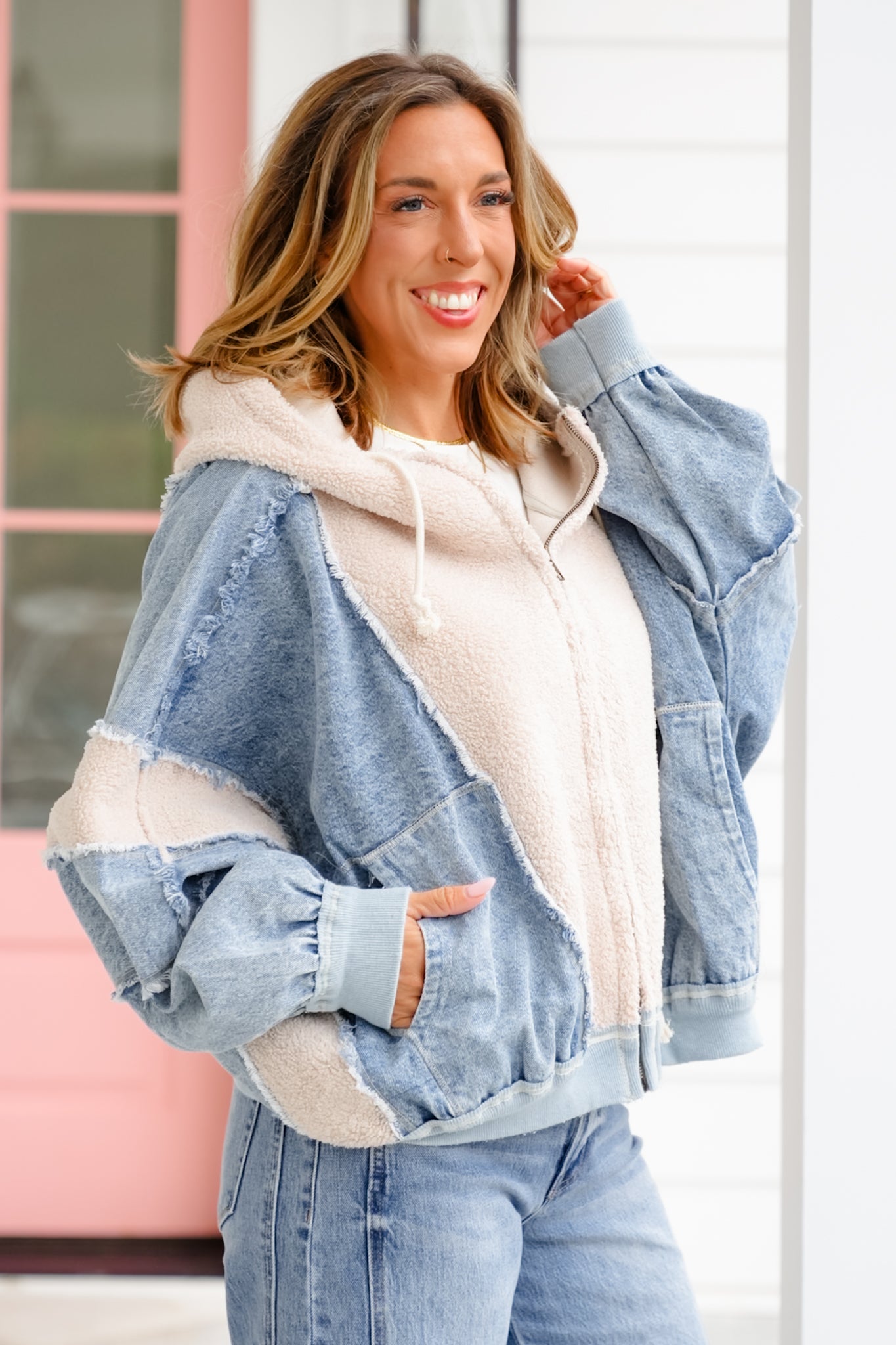 Color Block Fleece Long Dolman Sleeve Zip-Up Hoodie