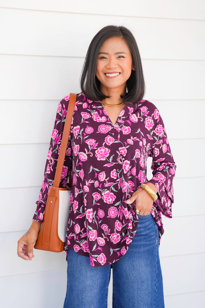 Plus/Reg Floral Print Long Bell Sleeve Tunic Top