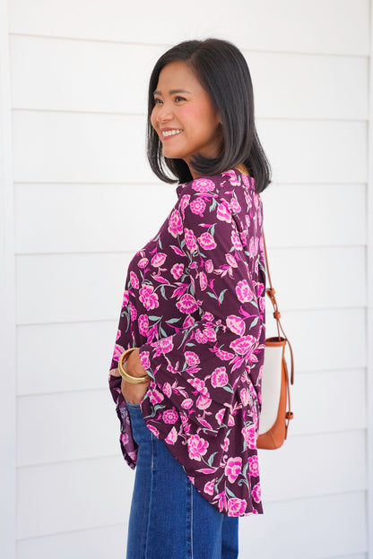 Plus/Reg Floral Print Long Bell Sleeve Tunic Top