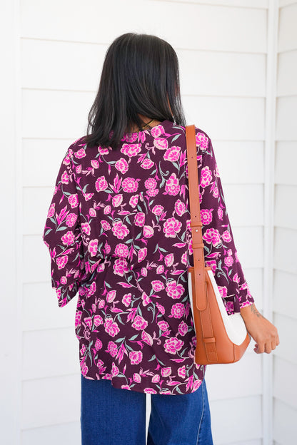 Plus/Reg Floral Print Long Bell Sleeve Tunic Top