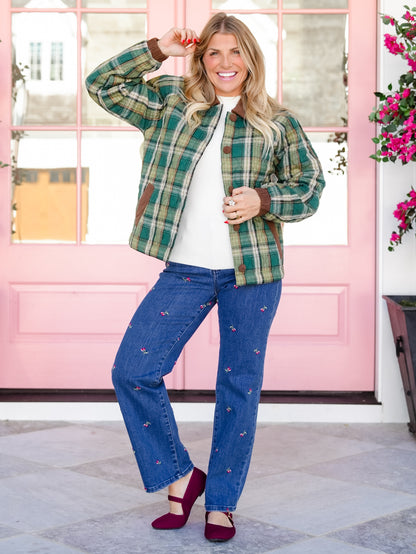 Quilted Plaid Long Sleeve Button Down Jacket