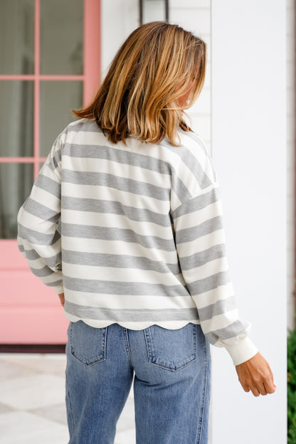Knit Stripe Long Sleeve Top with Scallop Edge