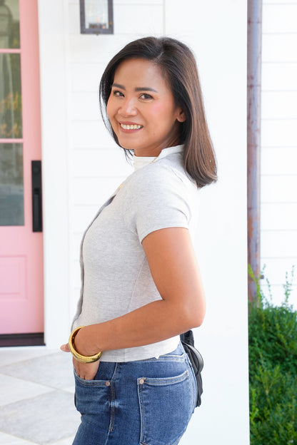 Grey Ribbed Short Sleeve Button Down Top