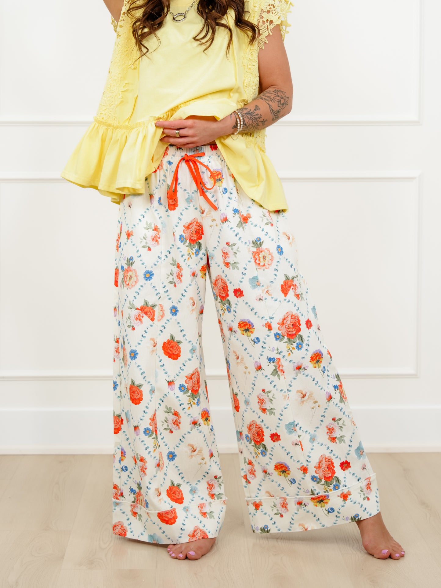 Flower Print Elastic Waist Wide Leg Pants
