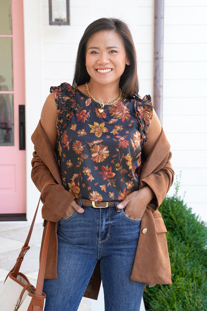 Floral Print Ruffle Sleeve Tank Top