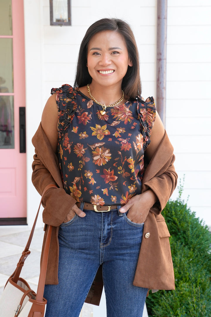 Floral Print Ruffle Sleeve Tank Top