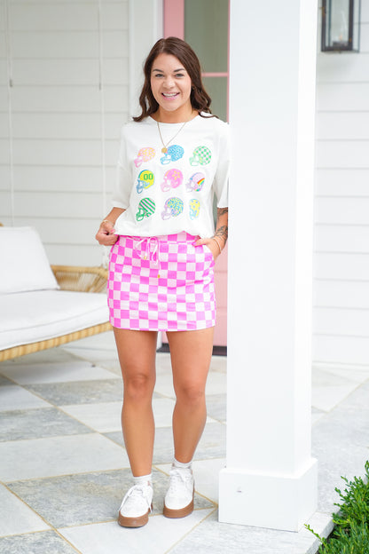 Plus/Reg Pink Checkered Elastic Waist Skort
