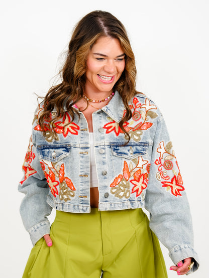 POL Embroidered Long Sleeve Button Down Cropped Jacket