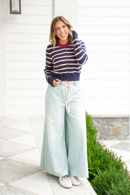 Light Wash Elastic Waist Wide Leg Pants