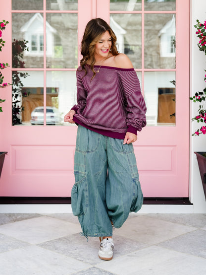 Stripe Long Sleeve Off Shoulder Sweatshirt - Freckled Poppy