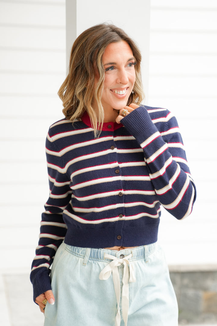Striped Long Sleeve Button Up Cardigan Sweater Top
