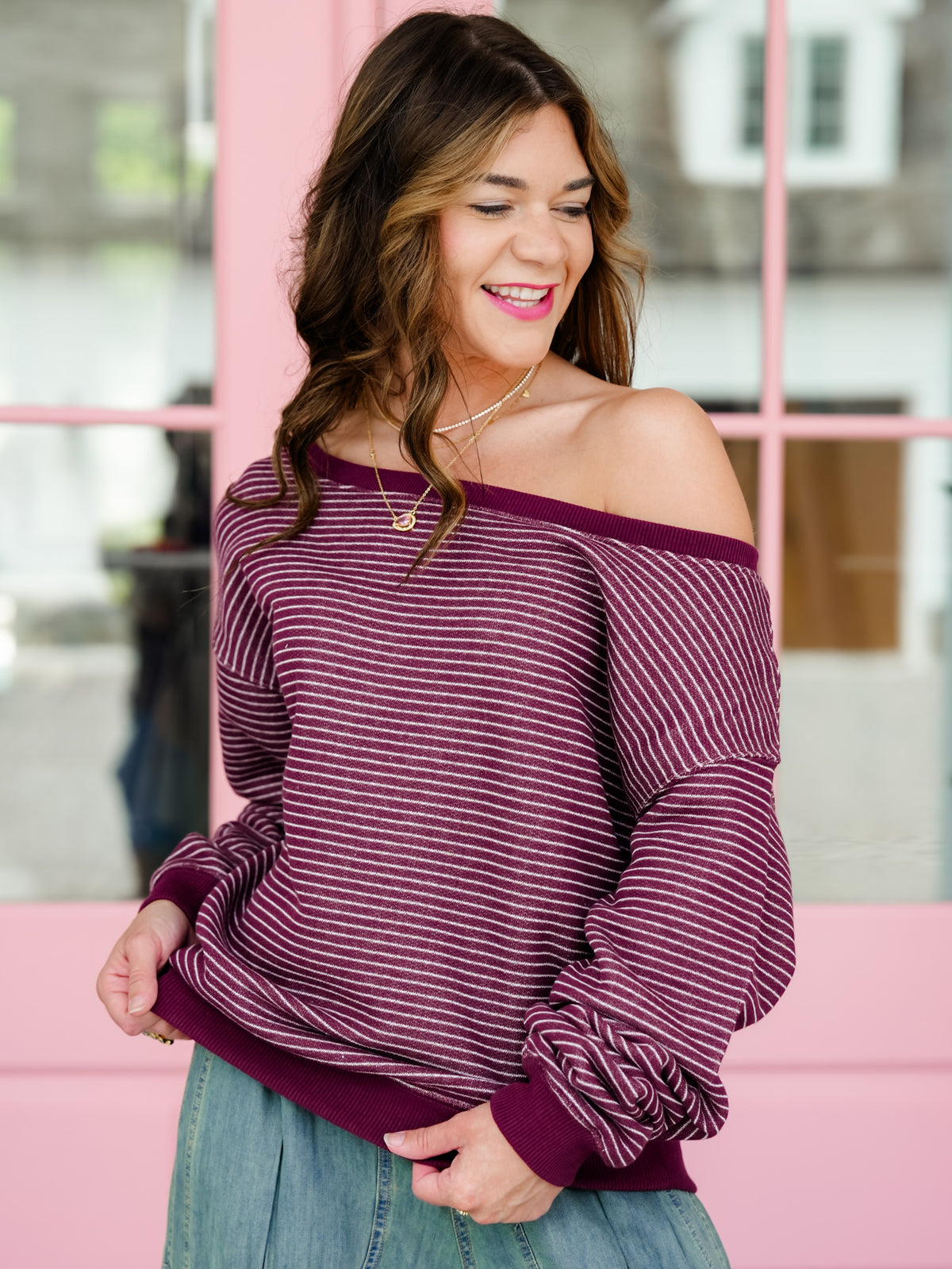 Stripe Long Sleeve Off Shoulder Sweatshirt - Freckled Poppy