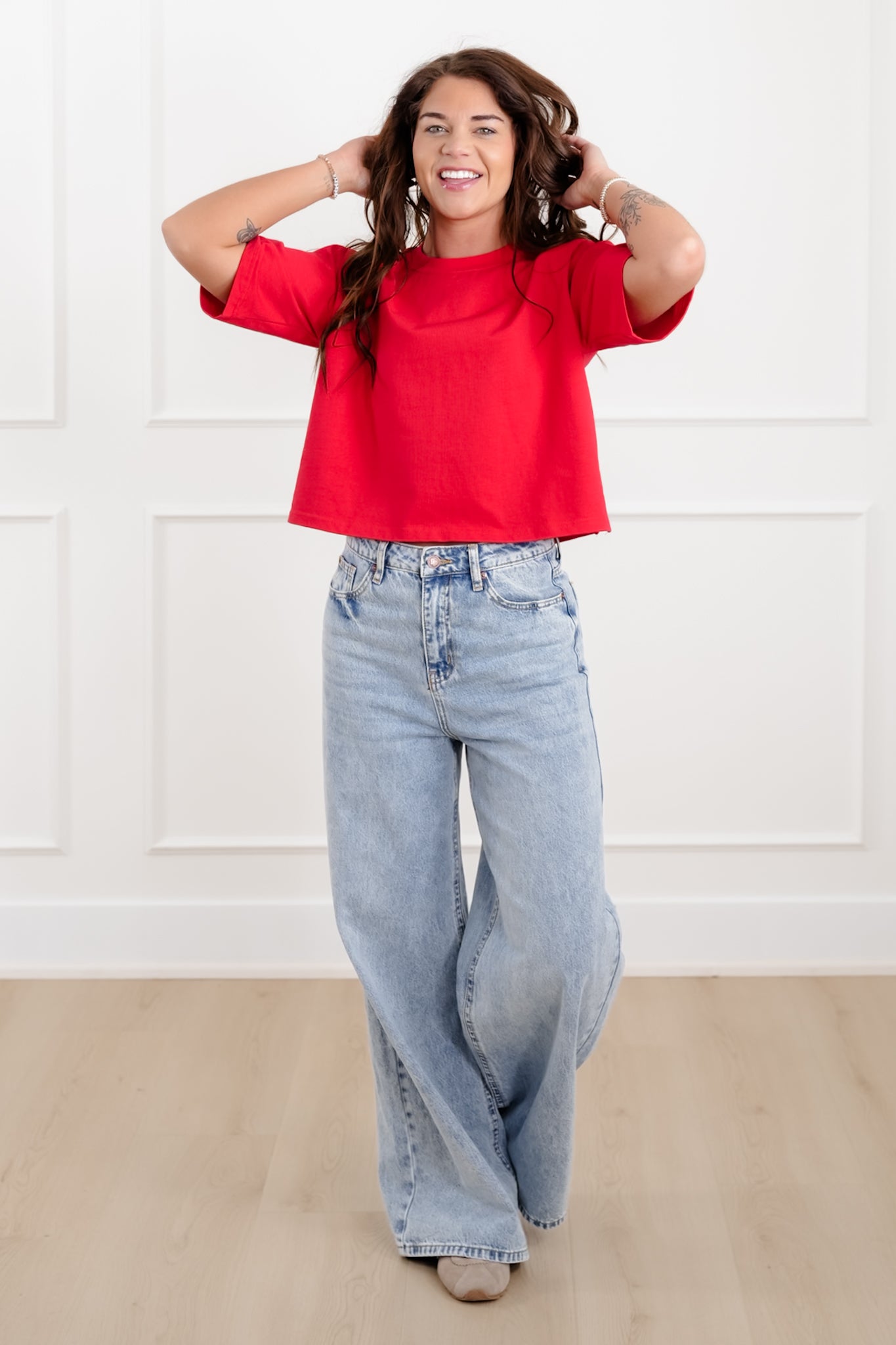 Plus/Reg "The Marlow" Nico Threads Solid Short Red Sleeve Crew Neck Top