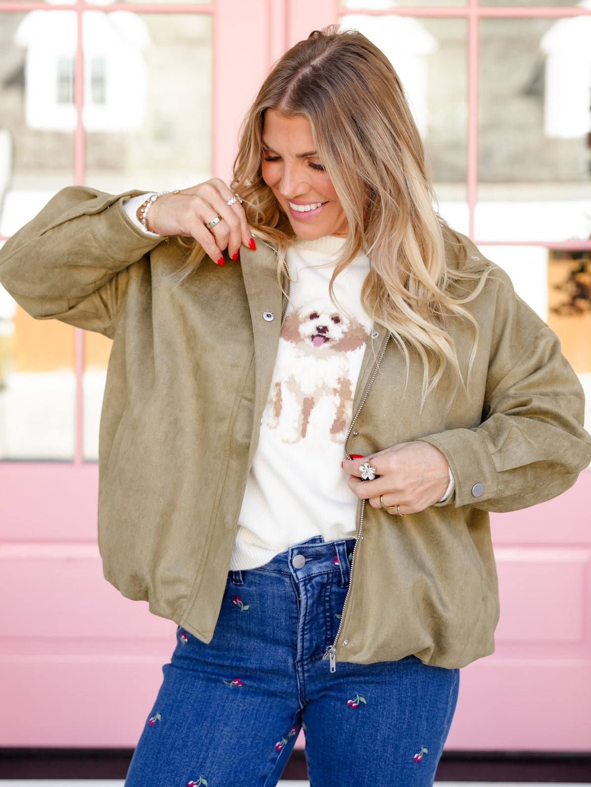 Olive Vegan Suede Long Sleeve Bomber Jacket