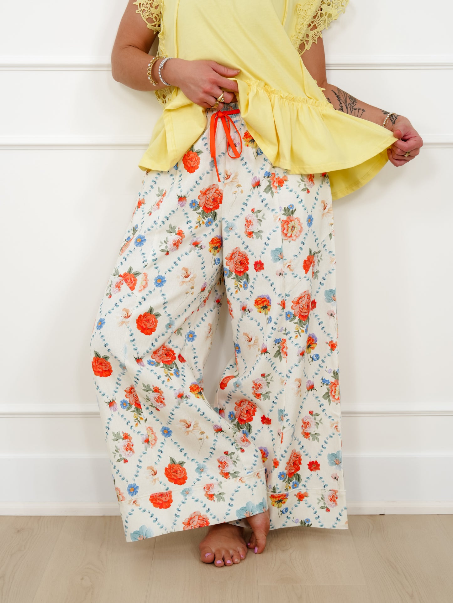 Flower Print Elastic Waist Wide Leg Pants