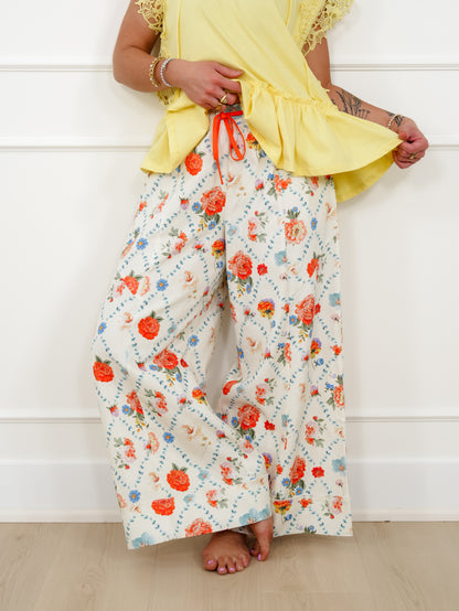 Flower Print Elastic Waist Wide Leg Pants