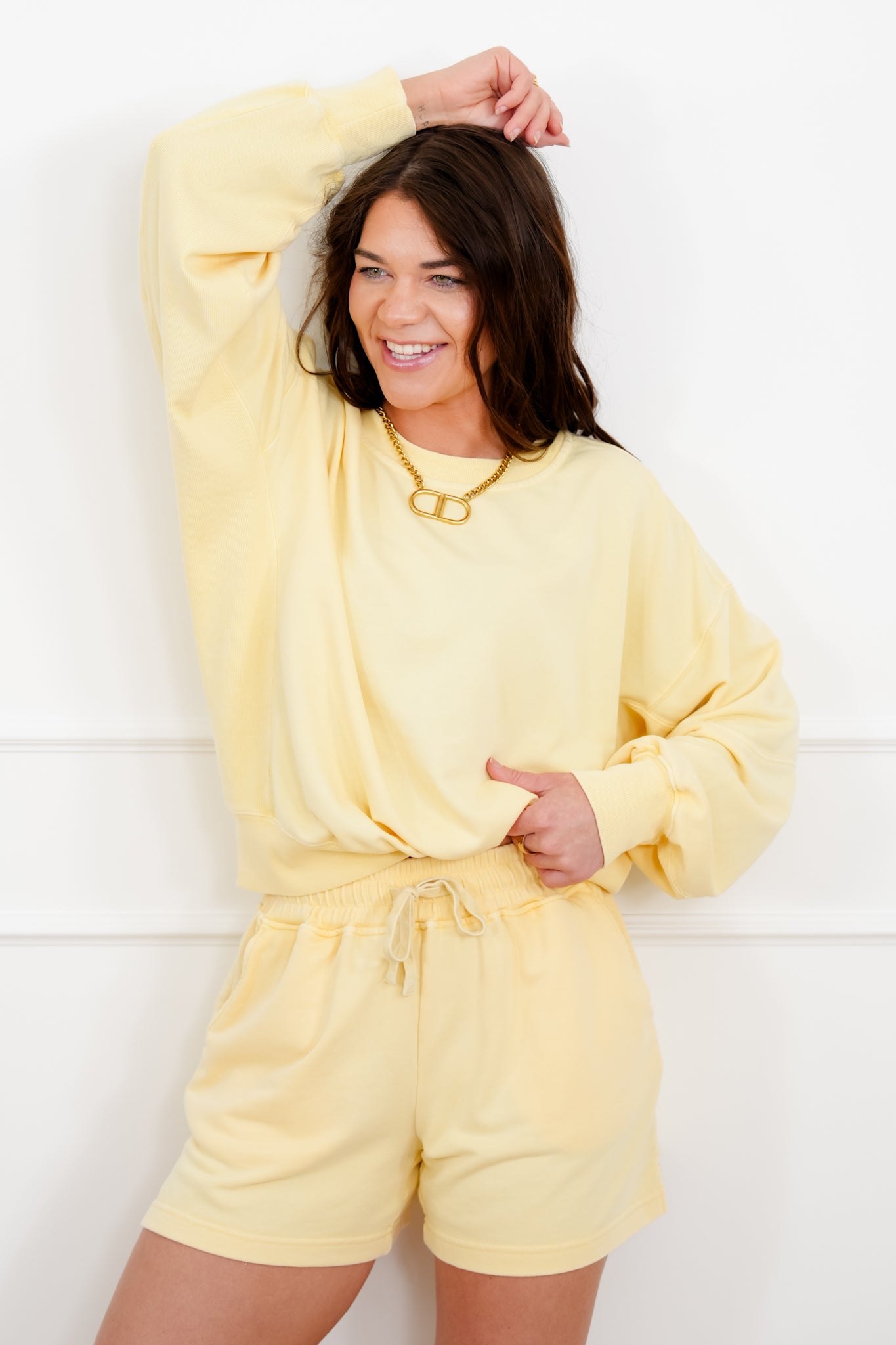 Yellow Long Sleeve Pullover Top and Short Set