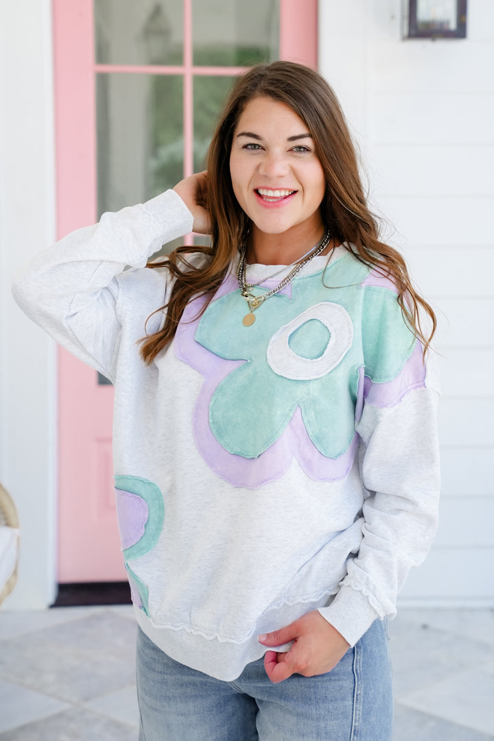 Long Sleeve Pullover Top with Flower Patch Detail