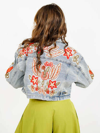 POL Embroidered Long Sleeve Button Down Cropped Jacket