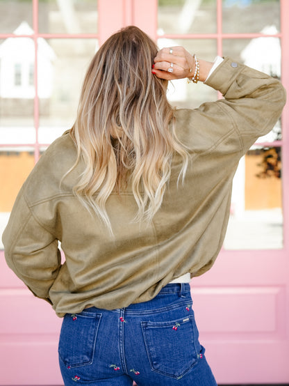 Olive Vegan Suede Long Sleeve Bomber Jacket