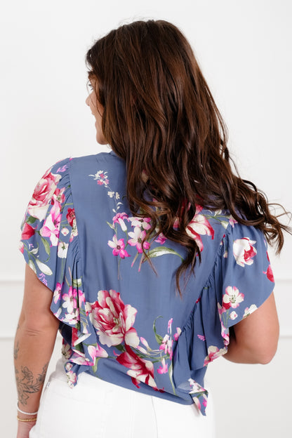 Floral Print Flutter Sleeve Blouse