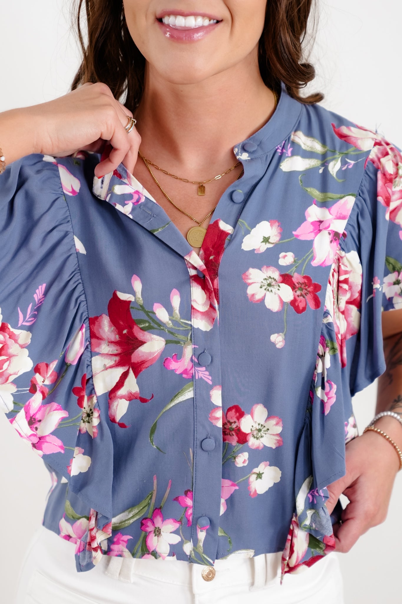 Floral Print Flutter Sleeve Blouse