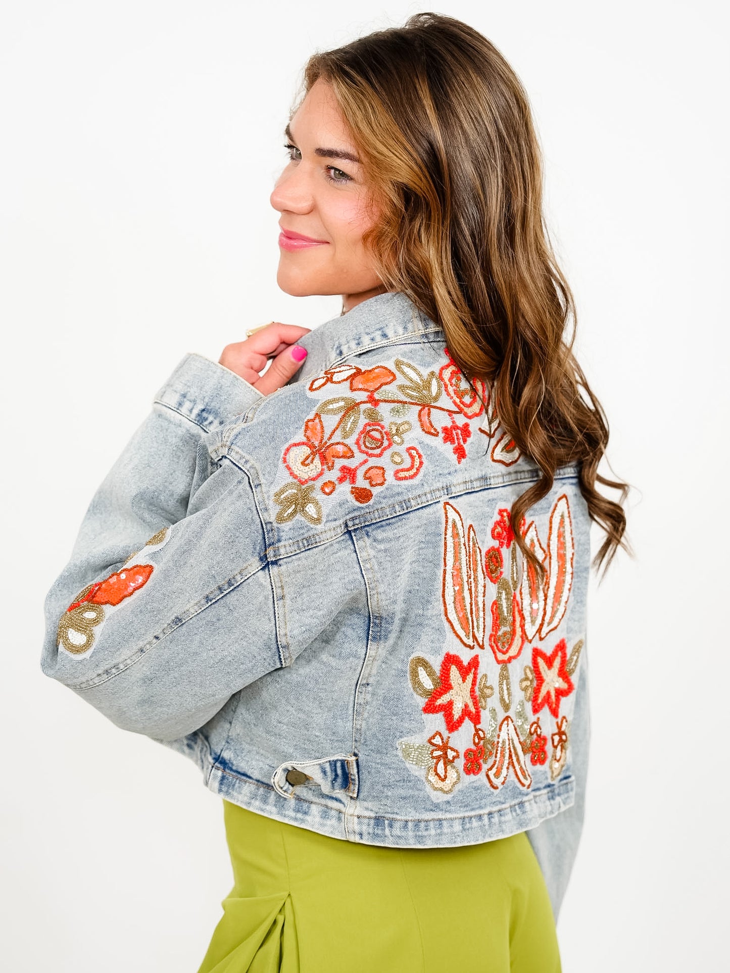 POL Embroidered Long Sleeve Button Down Cropped Jacket