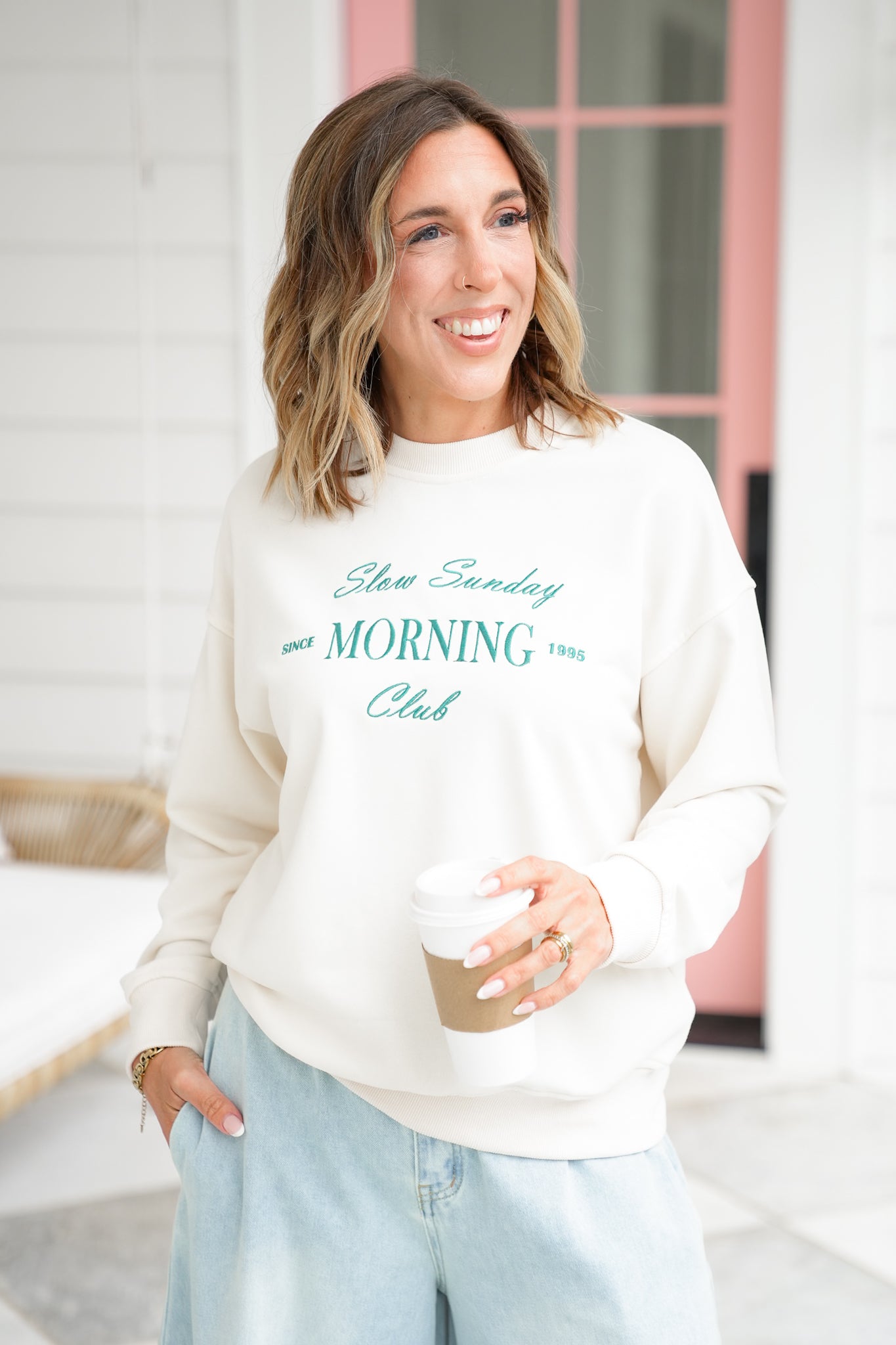 Long Sleeve Embroidered "Slow Sunday Morning Club" Pullover Sweatshirt