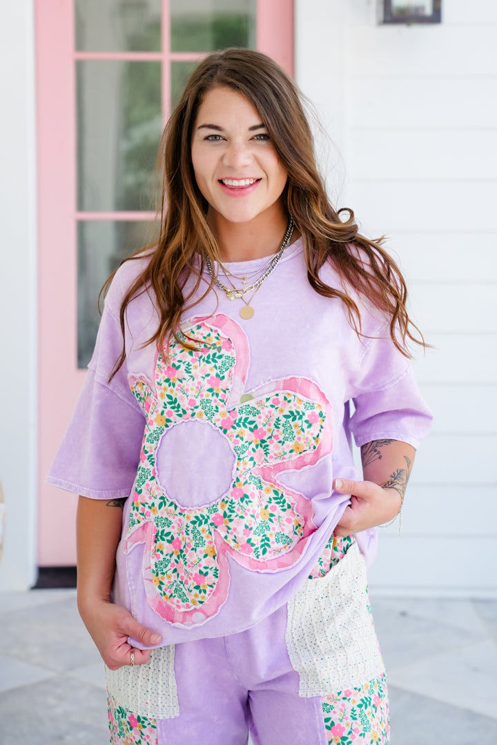 Mineral Wash Short Sleeve Top with Floral Detail
