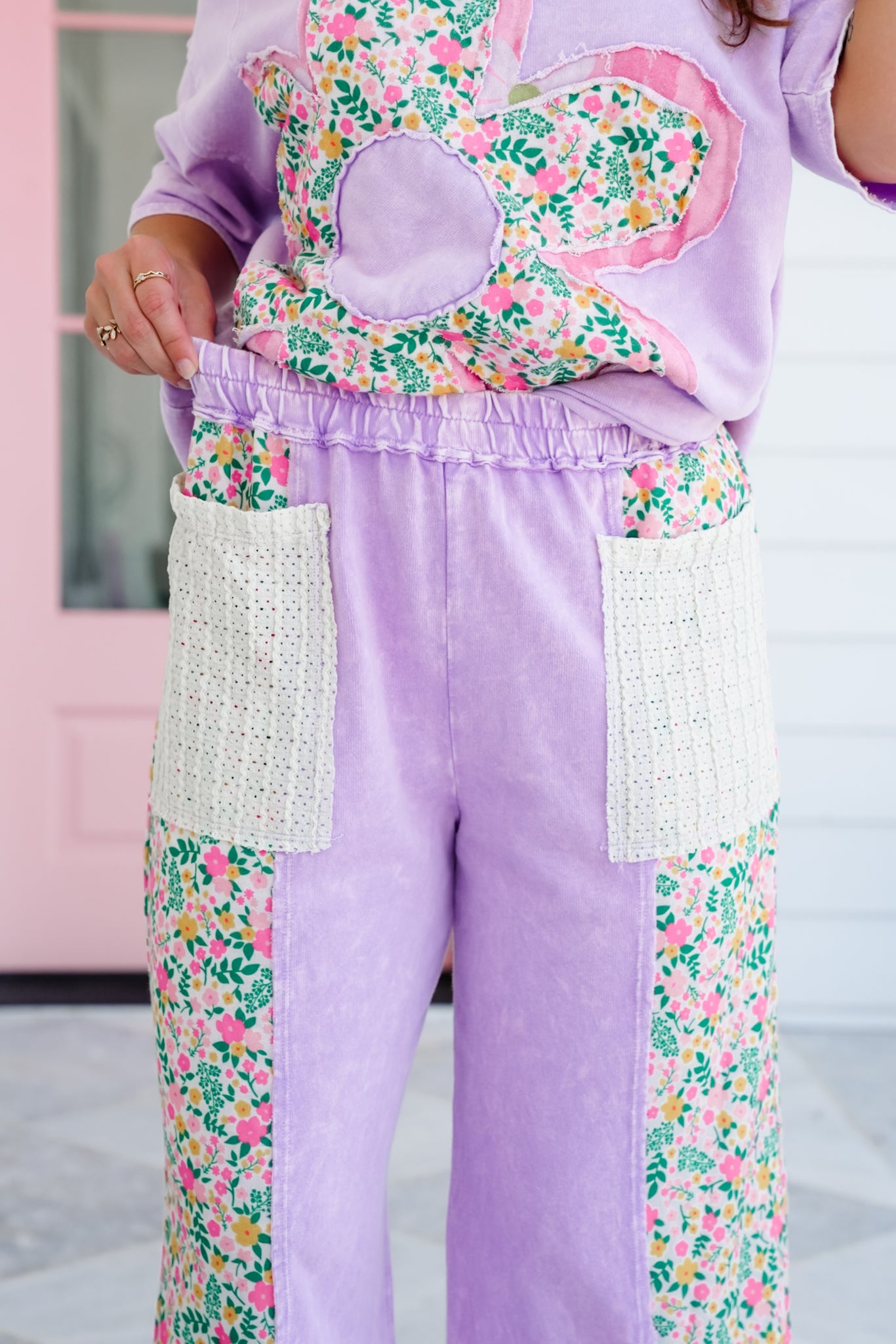Mineral Wash Elastic Waist Pants with Floral Detail