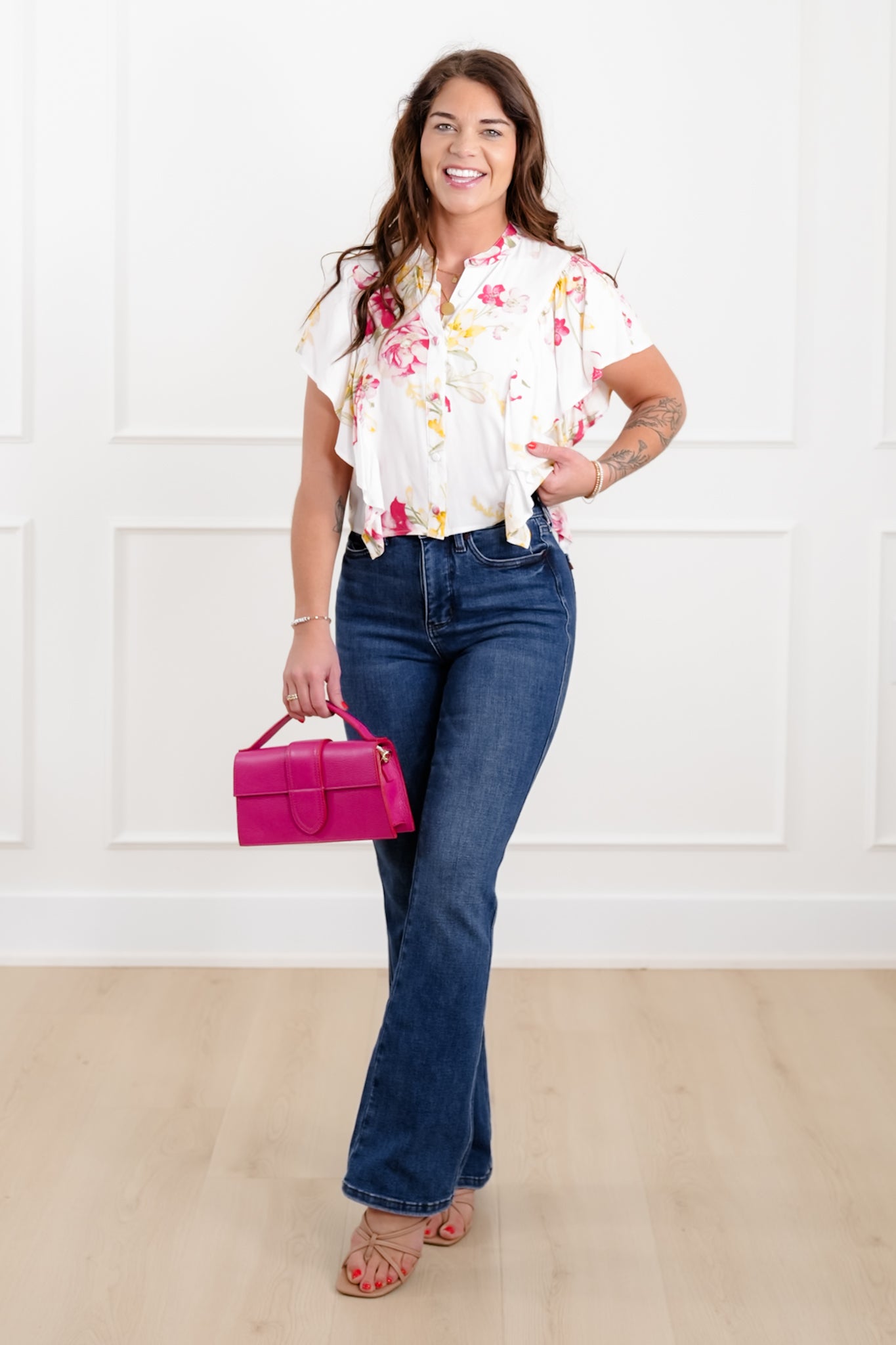 Floral Print Flutter Sleeve Blouse