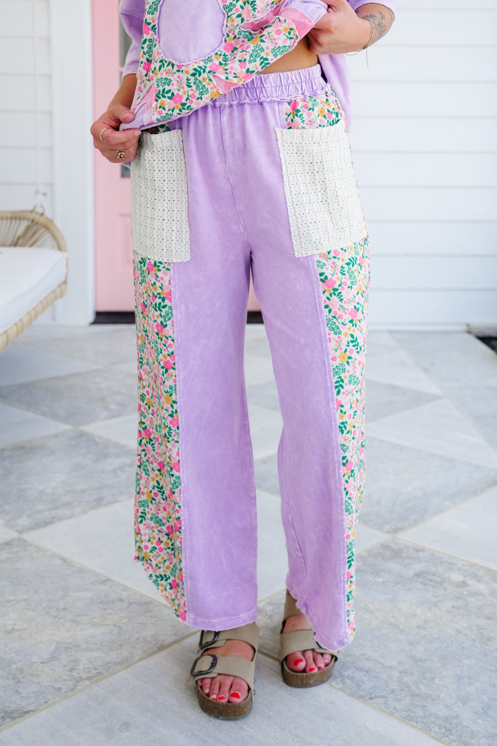 Mineral Wash Elastic Waist Pants with Floral Detail