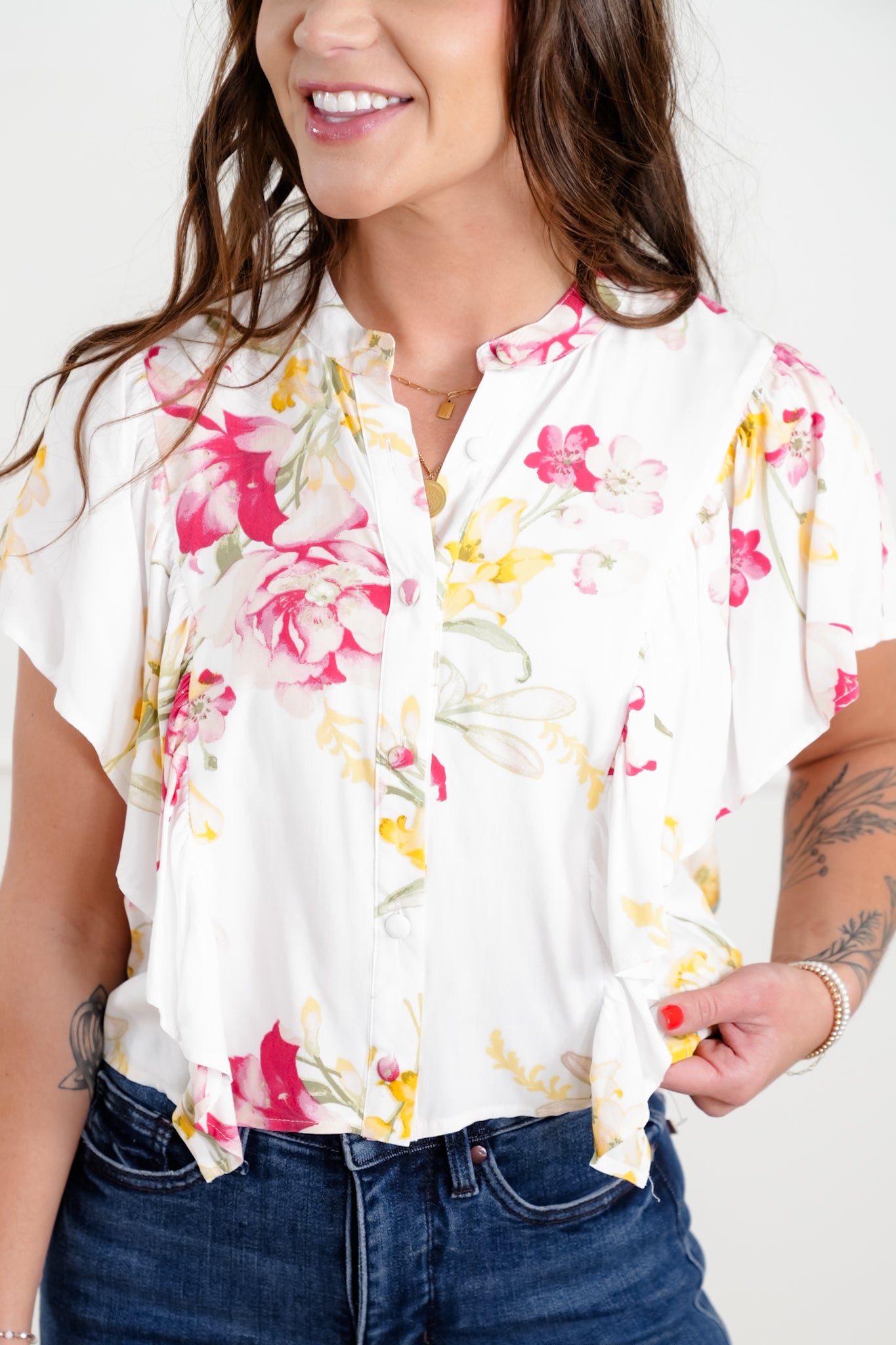 Floral Print Flutter Sleeve Blouse