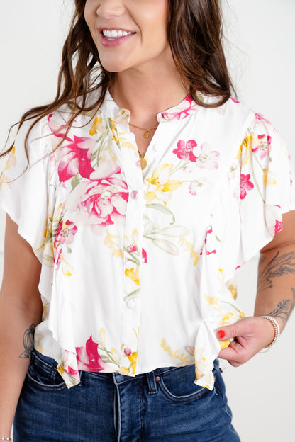Floral Print Flutter Sleeve Blouse