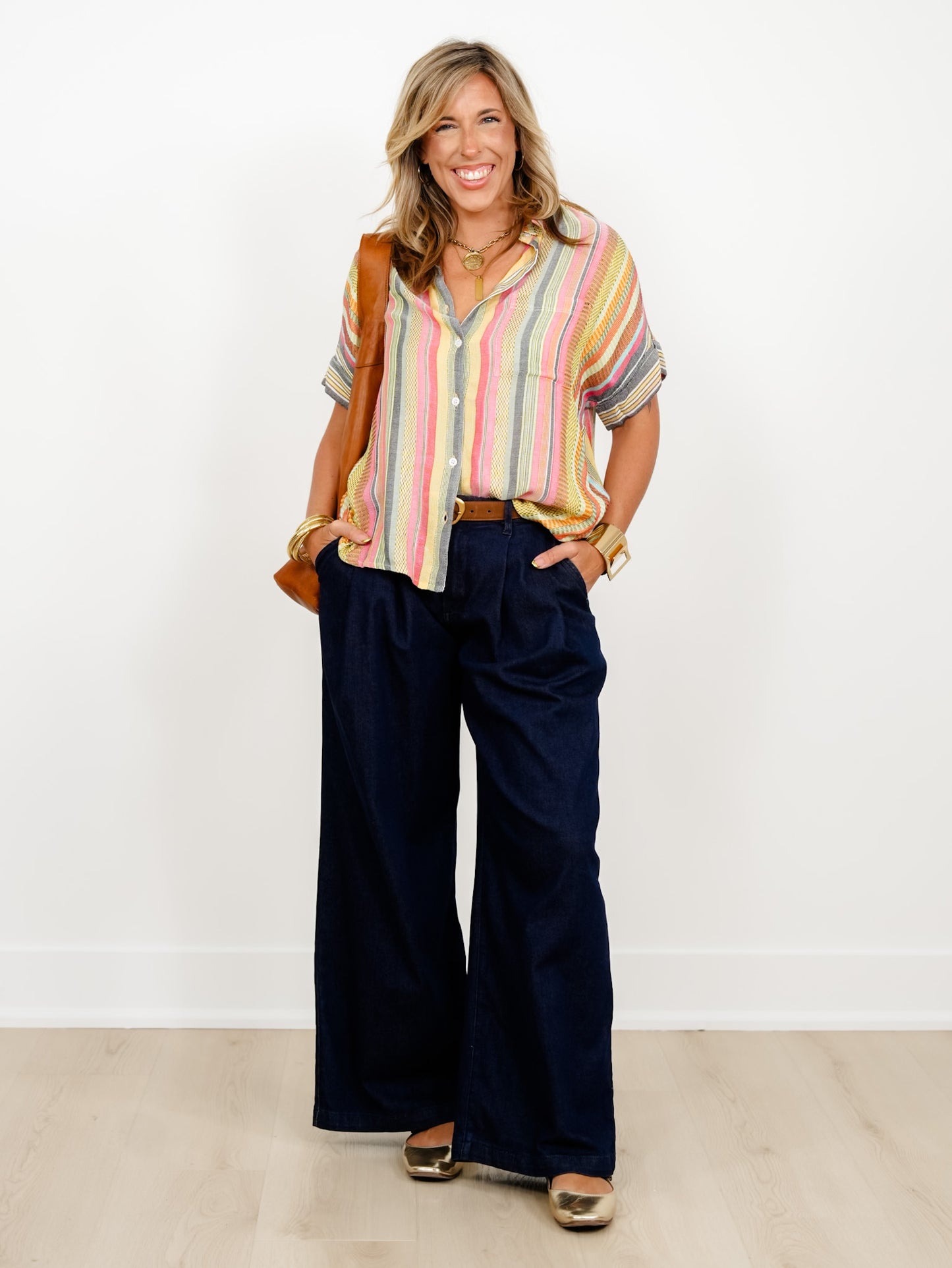 Multi Color Striped Short Sleeve Button Down Shirt